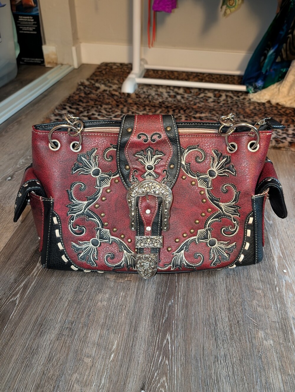 Embellished Red Western Shoulder Bag w/Buckle